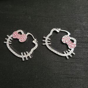 Hello Kitty Sanrio pink, white, & silver tone crystal heart hoop earrings